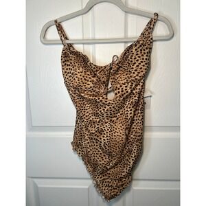 NWT Shade and Shore Leopard Print One Piece‎ Swimsuit M Long Ruffle Tie Cutout